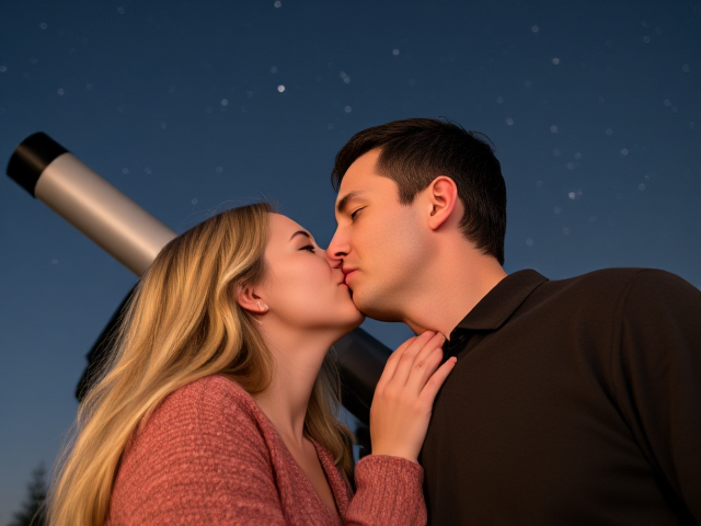Show an image of a blonde 40 year old woman kissing a taller man beside a telescope with stars overhead. The man is 61 with dark hair and is clean shaven