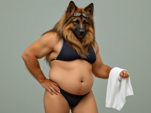 tall anthropomorphic long-haired German Shepherd, large hips, wearing Adidas swimsuit, swimming goggles, drying off with a towel, detailed fur texture