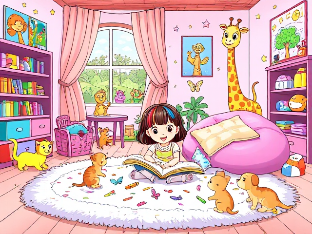 Create a vibrant and enchanting cover for a toddler's coloring book that depicts a magical playroom. The scene should feature a lively cartoon girl with colorful hair, joyfully surrounded by a variety of adorable cartoon animals. She is sitting on a fluffy, oversized rug, with crayons scattered around her, eagerly coloring in a large picture book filled with fun illustrations. Playful kittens in a rainbow of colors are chasing after colorful butterflies fluttering through the air, while a friendly puppy with big, sparkling eyes peeks out from behind a cozy bean bag chair. In one corner, a cheerful giraffe is playfully poking its head through the window, looking curiously at the girl. The walls should be decorated with bright, imaginative artwork and posters of friendly dinosaurs, whimsical trees, and stars. Add colorful shelves filled with toys, books, and plush animals, creating a warm and inviting atmosphere. The entire design should be bursting with bright colors, playful characters, and a sense of adventure, making it irresistible for children and their parents, and inspiring a love for creativity and exploration.
