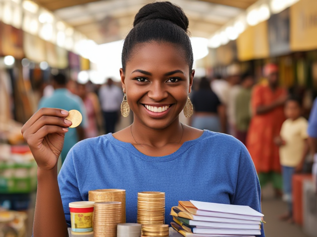 Une femme entrepreneur souriant malicieusement, tenant des pièces de monnaie brillantes dans sa main, entourée de petites boîtes et carnets représentant les finances et les microprêts. L'arrière-plan montre un marché animé avec des étals colorés et une foule en arrière-plan floue. Style artistique détaillé et réaliste avec une lumière douce du matin illuminant la scène, caméra placée légèrement en contre-plongée pour accentuer l'assurance de la femme.
