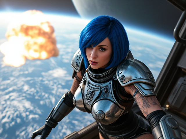 25 years, Young, nymph face tattoo Goth Space girl, royal blue short hair, robotic armour armor suit, tattoos, jumping out of a battleships, shiny black planet in background, giant blasts explosions at a distance, hyperrealistic, 4K, cigarette in mouth