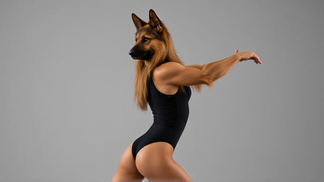 Long-haired German Shepherd with a leotard, performing gymnastics, emphasizing her hips, vibrant and dynamic pose