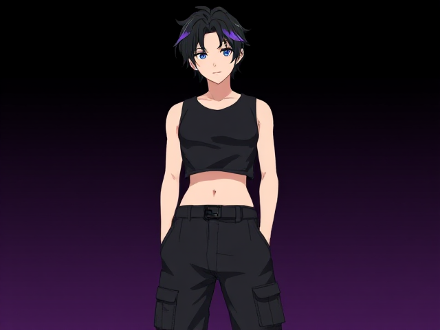 baggy cargo pants, sleeveless crop top, black and purple fluffy shirt hair. Nonbinary. Anime. Male.
Oc.