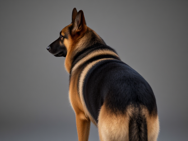 A German shepherd wearing a leotard that highlights her hips