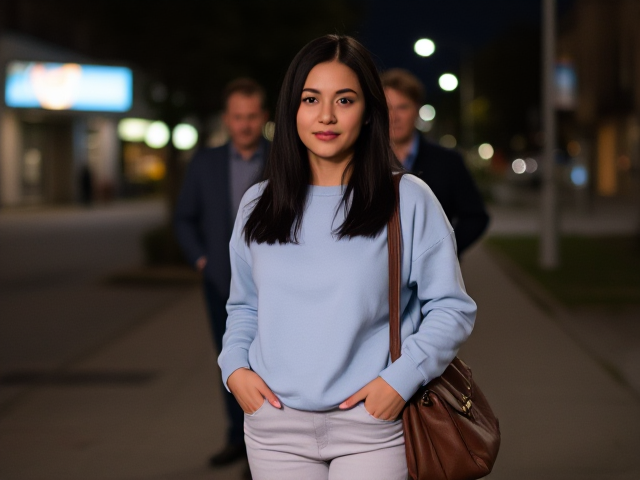 Thin in her 30s Brunette with dark hair wearing a light blue sweatshirt and light blue pants with her purse late at night. A man standing behind her