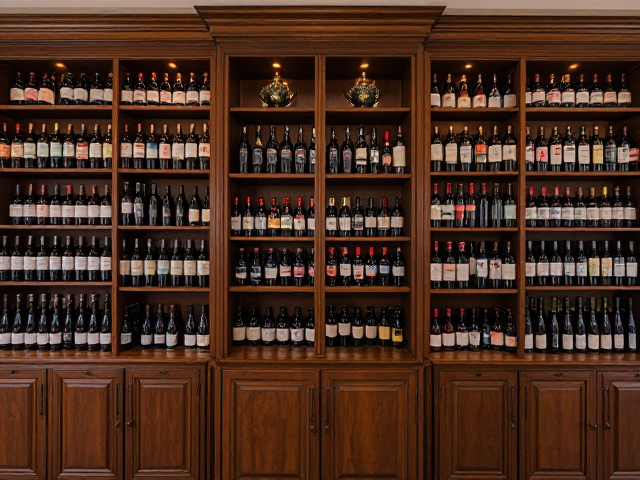 a large wooden cabinet displays an extensive collection of wine bottles, creating a refined and celebratory atmosphere.