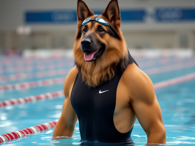 A tall anthropomorphic long haired German shepherd with a long torso and broad shoulders, wearing a high cut Nike one piece swimsuit and swimming goggles, in a Olympic swimming pool