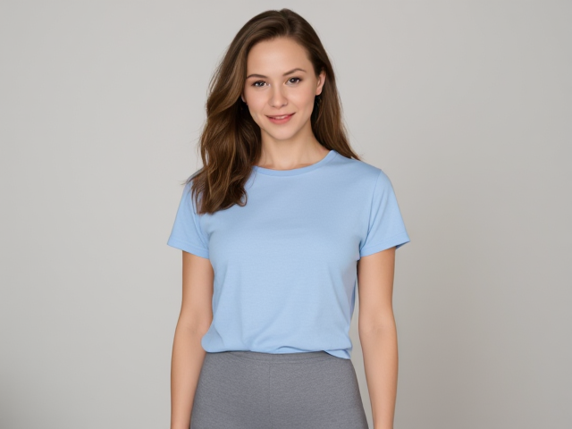 Natalie Portman wearing a light blue t shirt and gray leggings