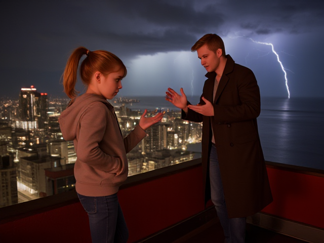 A petite 13-year-old girl with strawberry blonde hair in a ponytail, wearing a hooded pullover and jeans, is standing on the roof ledge of a night club. Next to her on the roof, standing nearby is a modern-day, pale skinned vampire in his late twenties, with blonde hair, dressed in a brown trench coat and jeans. He appears uneasy as he looks at her, holding his hands out and taking a step back. The girl gestures angrily at him with her hands, flailing her arms and with a scowl on her face. at him in frustration. A thunderstorm approaches the cityscape from the sea shore. Set at night.