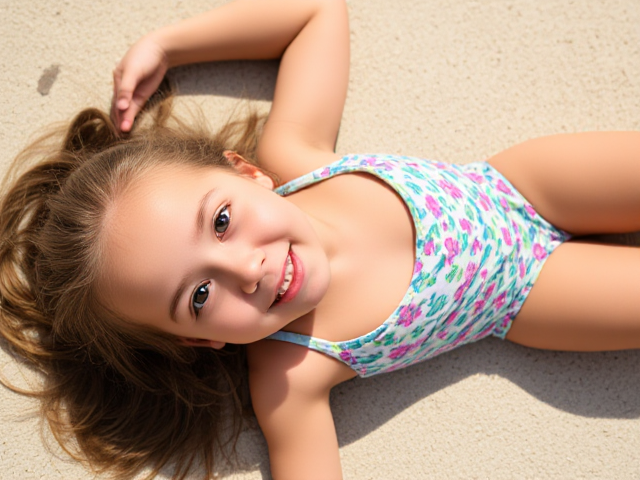10 year old girl in bathing suit laying down in the sun