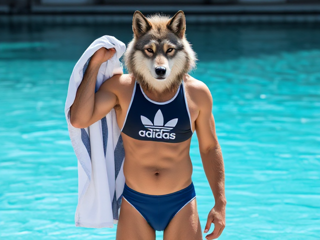 A tall anthropomorphic wolf wearing an adidas swimsuit drying off with a towel