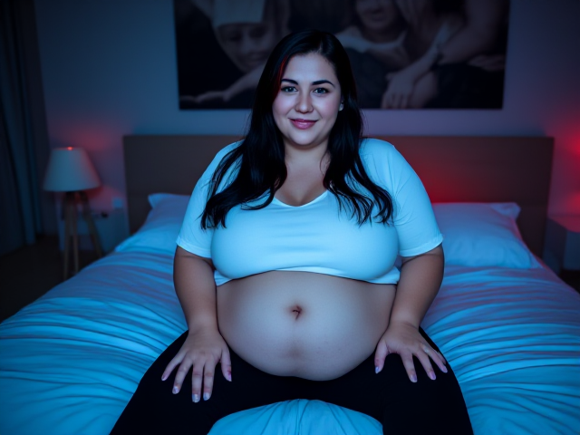 An obese woman 28 years old long pale skin black hair with red highlights blue eyes  wearing a white t shirt black pants with her belly out  nose ring happy sitting on a bed in a bedroom with red led lighting view from outside the bedroom