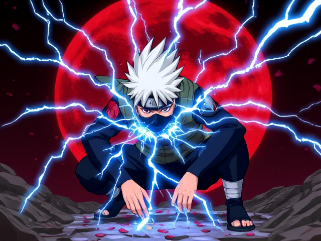 Kakashi Hatake from Naruto in a powerful and dynamic pose. He is crouched low, surrounded by crackling blue lightning as he channels his iconic Chidori technique. Kakashi's spiky white hair stands out, and his lower face is masked, with his Sharingan eye glowing vividly. He wears his signature tactical shinobi outfit, including the green flak jacket and arm guards. The background features a massive blood-red moon, adding an ominous and intense atmosphere, with petals or embers drifting in the air. The ground beneath him is shattered, emphasising the raw power of the scene. The art style should reflect a modern, highly detailed anime aesthetic, with sharp lines, dramatic lighting, and vibrant colours