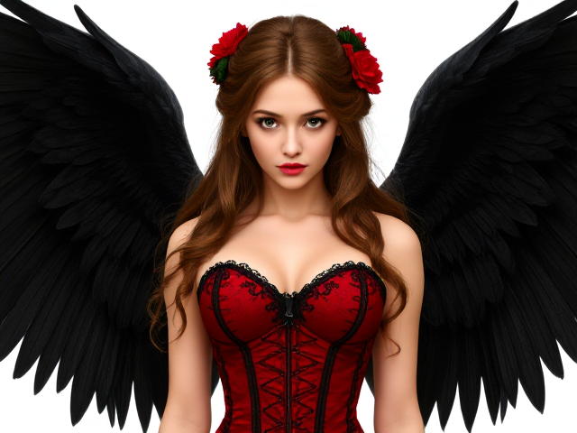Female angel with long brown hair styled in a bun adorned with red flowers, striking green eyes, wearing a red and black corset. Her majestic black wings spread behind her, ethereal and graceful