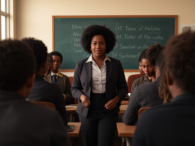 Un enseignant afro américain au milieu d'élèves afro-américains dans une salle de classe, ambiance studieuse et chaleureuse, tableau noir avec écriture visible, lumière naturelle entrant par la fenêtre