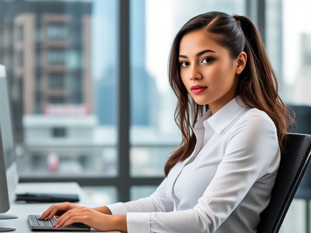 Office girl wearing a fitted white shirt, sitting at a modern desk, soft natural lighting, focused and professional expression, minimalistic office background