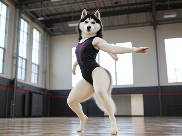 Anthropomorphic Siberian husky with strong hips, wearing a gymnastics leotard, performing in a bright gymnasium setting, dynamic pose, high detail