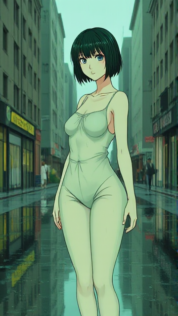 An anime-style medium shot of a female character standing in a rain-soaked urban setting. The character has pale, minty green skin and dark forest green hair styled in short, wet strands that cling together. She is wearing a translucent, light green fabric outfit that is soaked from the rain, making it cling to her body. The background consists of a city street painted in shades of jade and olive green, with rain puddles reflecting a deep pine green sky. Green-toned buildings line the street, and even the reflections in the water maintain the green color scheme. The overall mood of the image is tranquil and otherworldly.