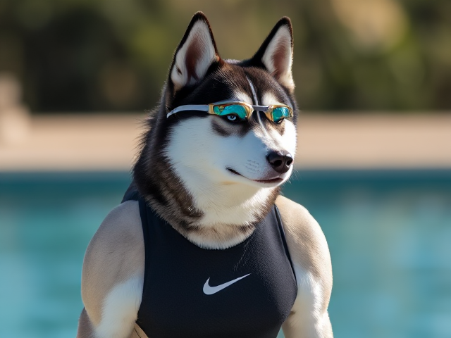 A tall Siberian Husky with a long torso and broad shoulders wearing a high cut Nike one piece swimsuit and swimming goggles