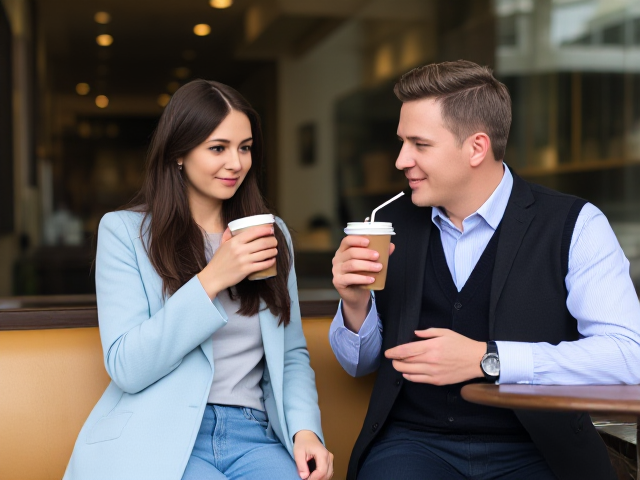 Brunette wearing a light blue coat with light blue jeans with a light blue blouse and a black vest drinking coffee with her boss