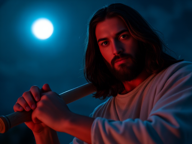 Jesus holding a baseball bat