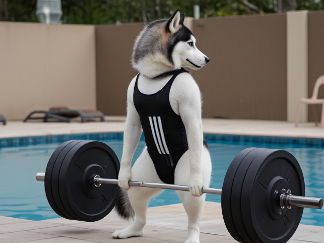 A anthropomorphic Siberian husky wearing an adidas swimsuit deadlifting a barbell on a pool deck