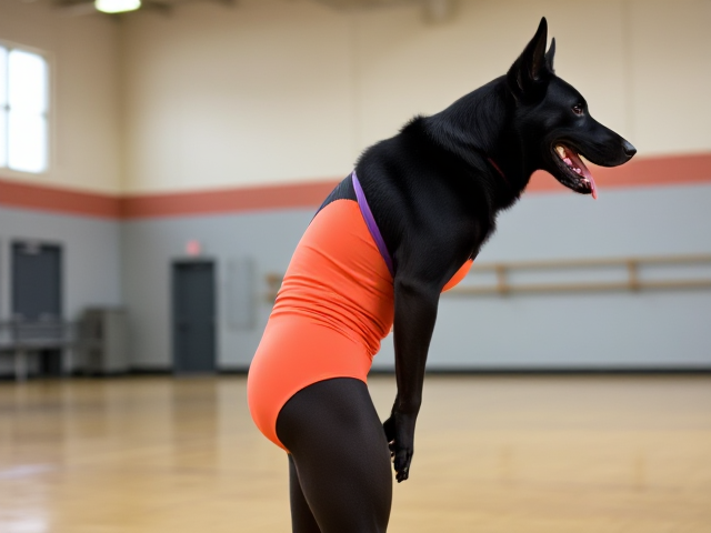 Anthropomorphic black German shepherd wearing a gymnastics leotard, posing with emphasis on its hips in a gymnasium setting, detailed and vibrant colors