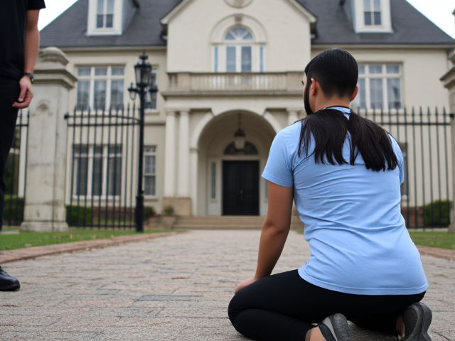 Brunette with dark hair wearing a light blue t shirt and black yoga pants on her knees outside a mansion in front of a executioner as a man comes to her