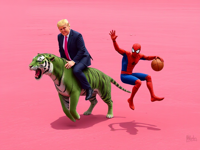 Donald Trump qui fait du rodéo sur un tigre vert et Spider-Man qui joue au basketball au milieu d'une plaine rose