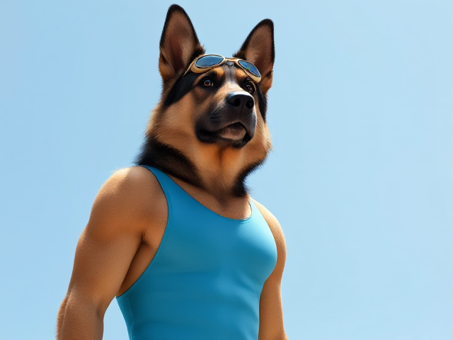 A tall anthropomorphic long-haired German shepherd with a long torso and broad shoulders wearing a one-piece swimsuit and swimming goggles