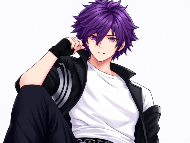 Mha OC. Purple fluffy hair. White tshirt. Black chained pants. Leather Jacket. Fingerless gloves. Halloween pfp. Male.
