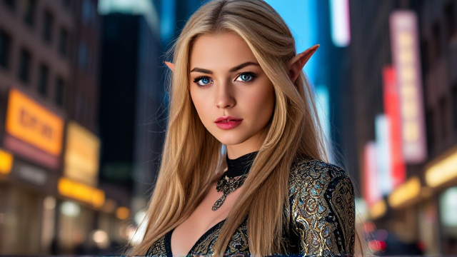 Elf female adult long blonde hair blue eyes and tall