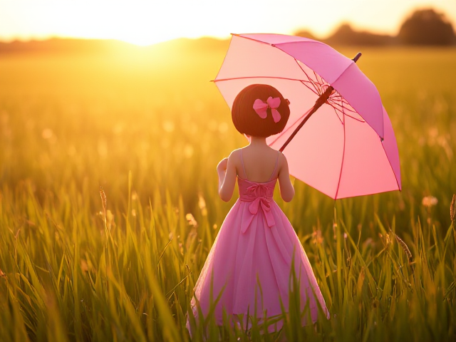 A pink dressed lady with a pink umbrella in all green grass