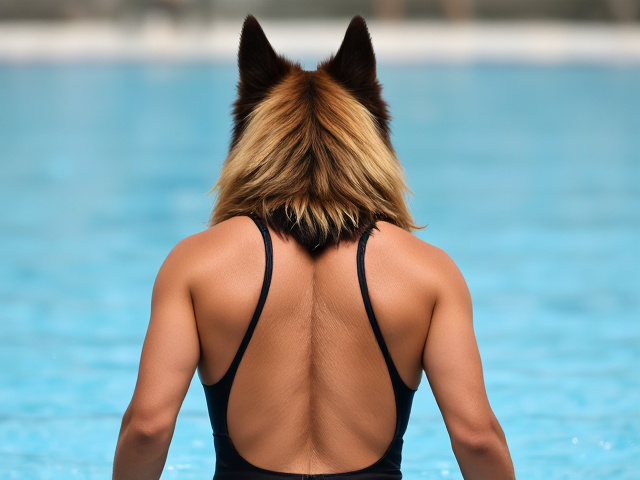 A anthropomorphic long haired German shepherd Olympic water polo player wearing a high cut one piece swimsuit
