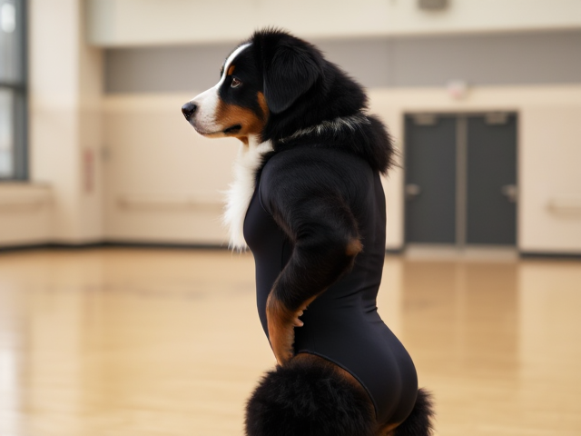 A Bernese mountain dog with large hips wearing a gymnastics leotard in a gymnasium