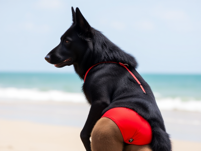 Anthropomorphic black German shepherd with well-defined strong hips, wearing a bright red lifeguard one-piece swimsuit, standing confidently on a sunny beach, realistic fur texture, dynamic pose