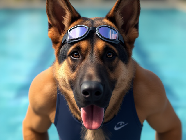 A tall anthropomorphic German shepherd Olympic swimmer with a long torso and broad shoulders wearing a racing swimsuit and goggles