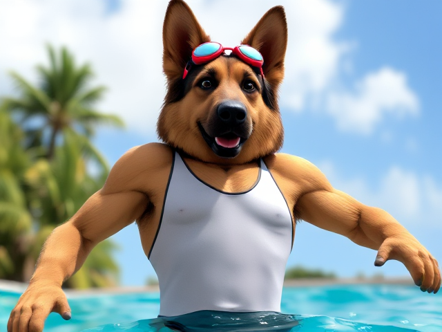 A tall anthropomorphic long-haired German shepherd with a long torso and broad shoulders wearing a one-piece swimsuit and swimming goggles