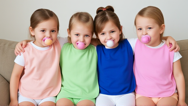 Quatre filles adolescentes debout assis dans un canapé avec des grands bavoir simple de différentes couleurs et des tétine en bouche elles ont les cheveux lisses et dégage à l’avant et elles ont des tétines en bouche et elles se font un gros câlins