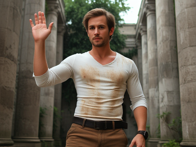 Create a rugged, adventurous man standing in an ancient courtyard with tall stone pillars and overgrown greenery. He is wearing a dirt-stained, fitted white shirt with rolled-up sleeves and rugged brown pants. His face has light stubble, a determined expression, and a few scrapes. His hair is short, slightly messy, and brown. One of his hands is raised, but it’s empty, as if he’s holding something or reaching forward. The arm is slightly bent at the elbow, and the hand is positioned as if gripping an invisible object. His body is slightly turned to the side, giving the impression of movement, with his head turned to look in the same direction. The angle should show him standing confidently in the center of the courtyard, with a slight upward perspective, highlighting his adventurous stance. The lighting should cast soft shadows, emphasizing his rugged features and the sense of mystery in the scene."