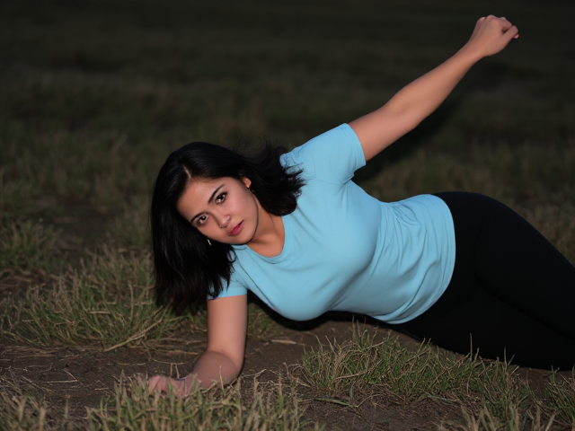 Woman with dark brown haie wearing a light blue t shirt and black yoga pants falls to the floor in a dark field