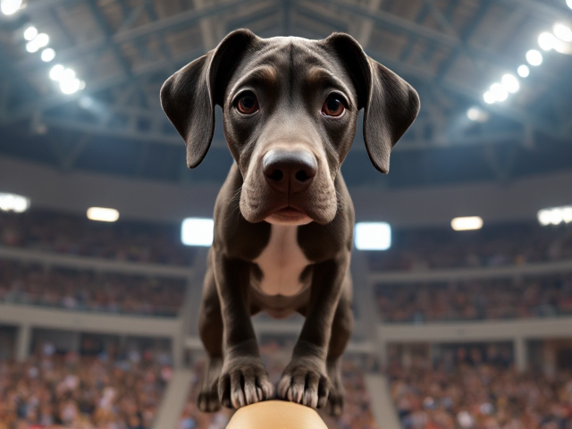 Anthropomorphic Great Dane Olympic gymnast on the balance beam in a gymnasium with a cheering crowd
