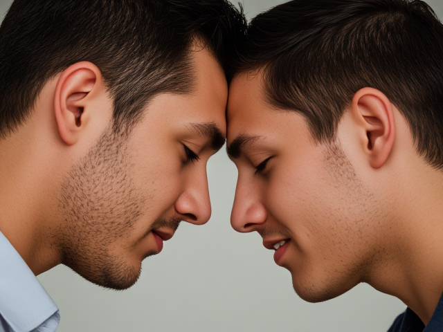 Two men’s heads touching each other