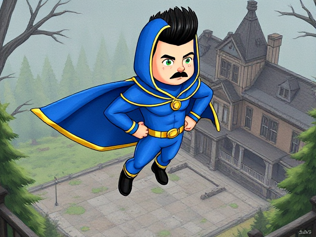 2D cartoon scene: A preteen 12-year old boy with light skin and freckles on his cheeks named Kyle Lipton, but transformed into a superhero named Dr. Dimensionpants, who, despite still being a kid, has an extremely muscular body. He wears a tight blue hood outlined by a yellow line that covers the back half of his head, with a smooth, slicked back black mohawk on top. He also wears a sleek blue bodysuit outlined with yellow lines on the cuffs of the sleeves and pants, a golden belt with a circular buckle, black boots, and a really big, toe-length, ultra-wide blue cape with a really big collar outlined with yellow lines wreathed around his neck held up by a golden button. The pupils in his eyes are green, and he has a black twin moustache. He also has incredible, invincible, and cosmic superpowers flowing through his veins. He is currently floating and levitating as he slowly descends down to the grounds of an abandoned mansion after a long flight, preparing to land so he can begin his investigation, as he senses a mysterious energy within.