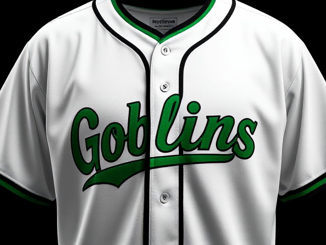 A white baseball jersey with goblins written across the front in green and black with black and green piping around the neck and cuffs of the jersey