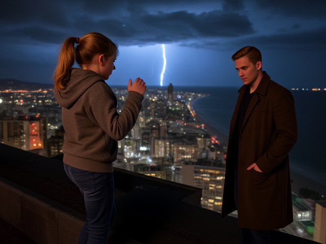 A petite 13-year-old girl with strawberry blonde hair in a ponytail, wearing a hooded pullover and jeans, is stepping onto the roof ledge of a night club. Next to her on the roof, behind the ledge, standing nearby is a modern-day, pale skinned vampire in his late twenties, with blonde hair, dressed in a brown trench coat and jeans. He appears uneasy as he looks at her. The girl gestures angrily at him, flailing her arms. A thunderstorm approaches the cityscape from the sea shore. Set at night.
