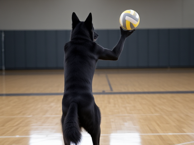 Anthropomorphic black German shepherd playing volleyball, wearing a leotard, gymnasium setting, focus on athletic build and dynamic pose
