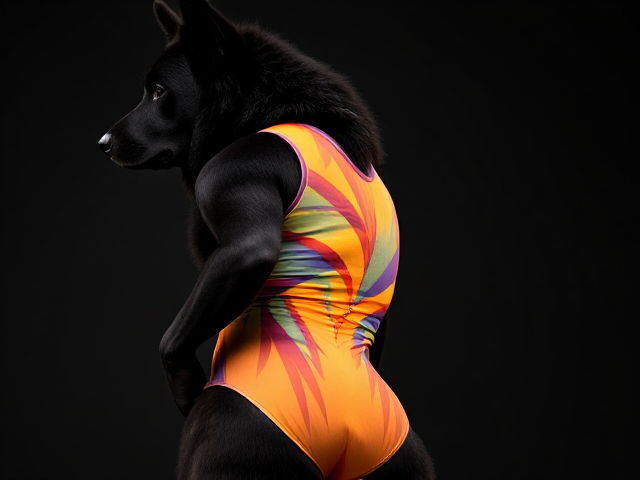 A Anthropomorphic black German shepherd wearing a colourful gymnastics leotard that hugs her butt