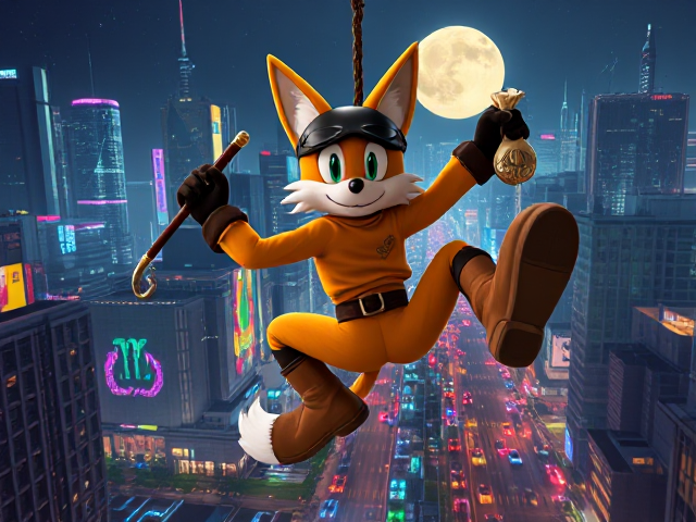 Miles "Tails" Prower, the two-tailed anthropomorphic fox, dynamically swinging on a rope in a massive neon-lit cityscape at night under a full moon. Tails grips an intricately designed cane with a gold hook at the tip in one hand and a bag of cash spilling coins from the other. He is wearing a sleek black domino thief mask to hide his identity, an orange long-sleeved shirt adorned with subtle patterns, matching high-tech orange boots, and a brown leather belt featuring his iconic logo as the belt buckle and no pants. Down on the streets below are numerous cop cars trying to chase and capture Tails. The background showcases towering skyscrapers and bustling streets filled with vibrant activity below