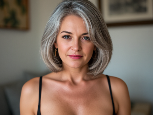 Sexy A 60 year old woman, grey shoulder length hair